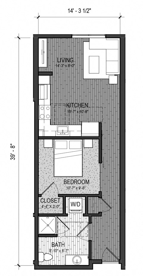 Floor plan for studio, 1 bath, 606 sqft